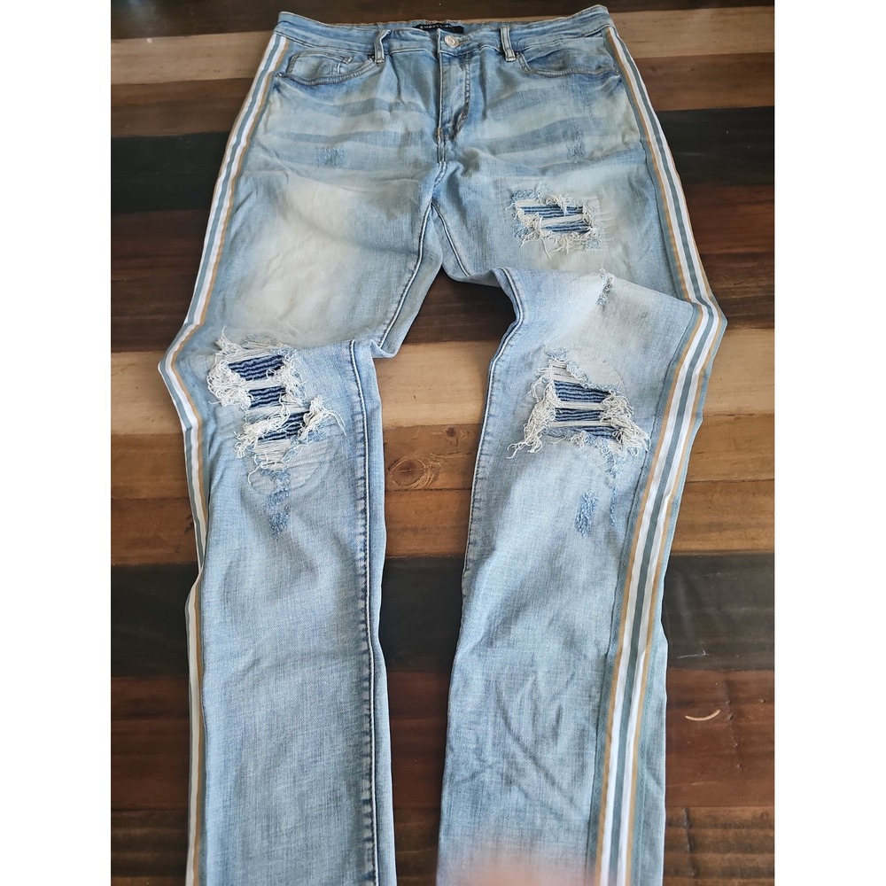 Embellish Men's Distress Jean Size 36x32 Light Wash Ripped Side Stripe Denim0043